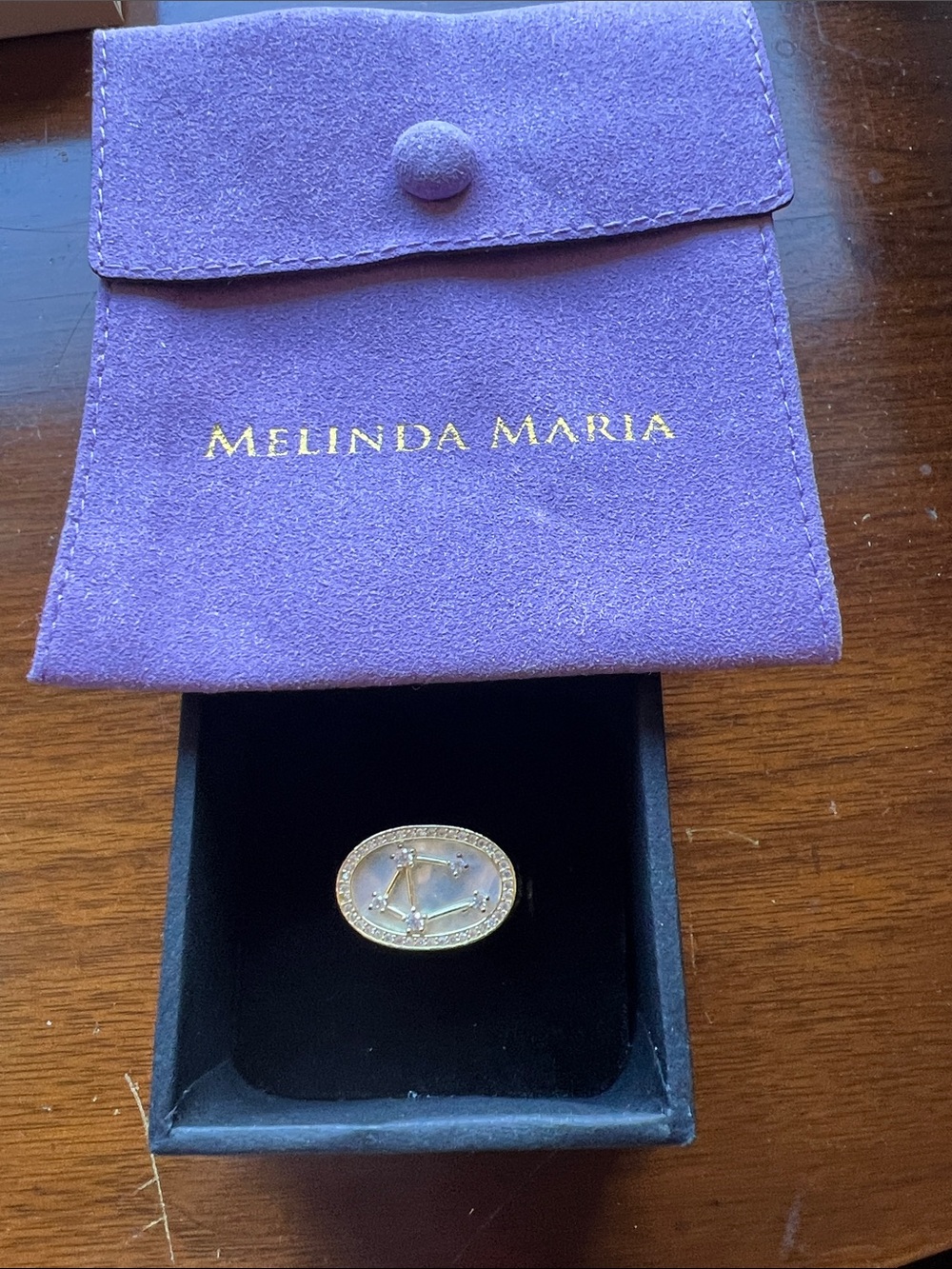 Melinda Maria Gold and White Mother-of-Pearl Zodiac Ring with Pavé